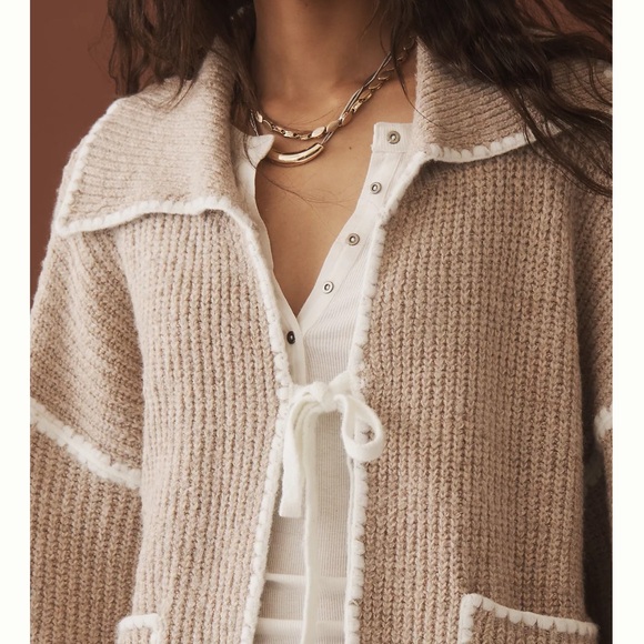 Anthropologie Flat White Collared Whipstitch Cardigan Sweater - Picture 2 of 7